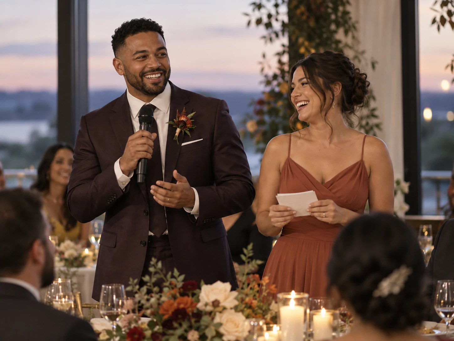 A best man with a microphone and a maid of honor holding cue cards at a wedding reception
